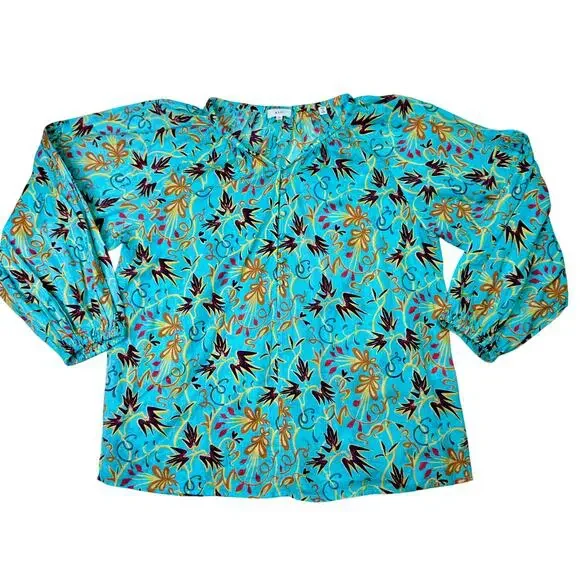 A.L.C. Capri Grotto Turquoise Blouse Aqua Floral Cotton Women’s 12 Boho Resort - Picture 2 of 16